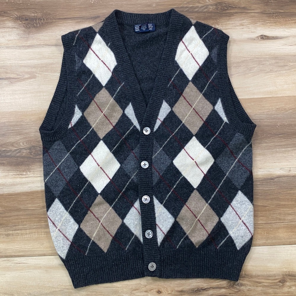 Lands End Sweater Vest Mens M Argyle 100% Cashmere Classic Grey Quiet Luxury